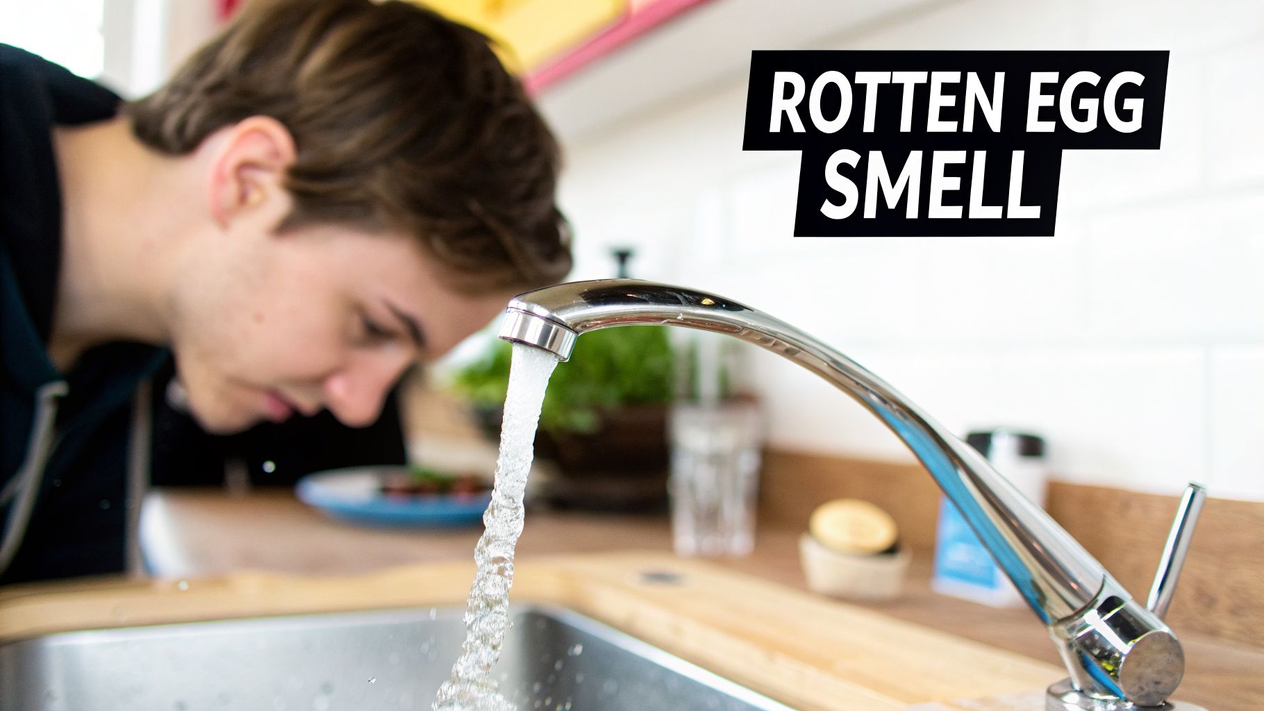 A person inspecting a running kitchen faucet with "ROTTEN EGG SMELL" overlaid.