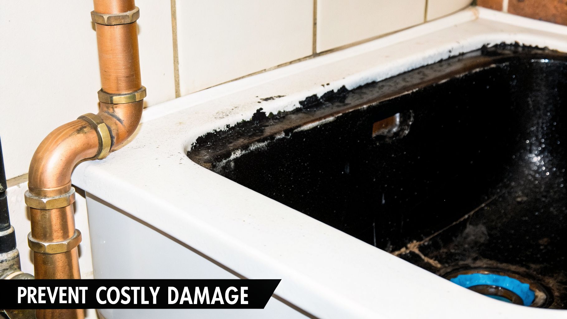 Close-up of old copper plumbing pipes next to a dirty, stained utility sink, indicating potential water damage.