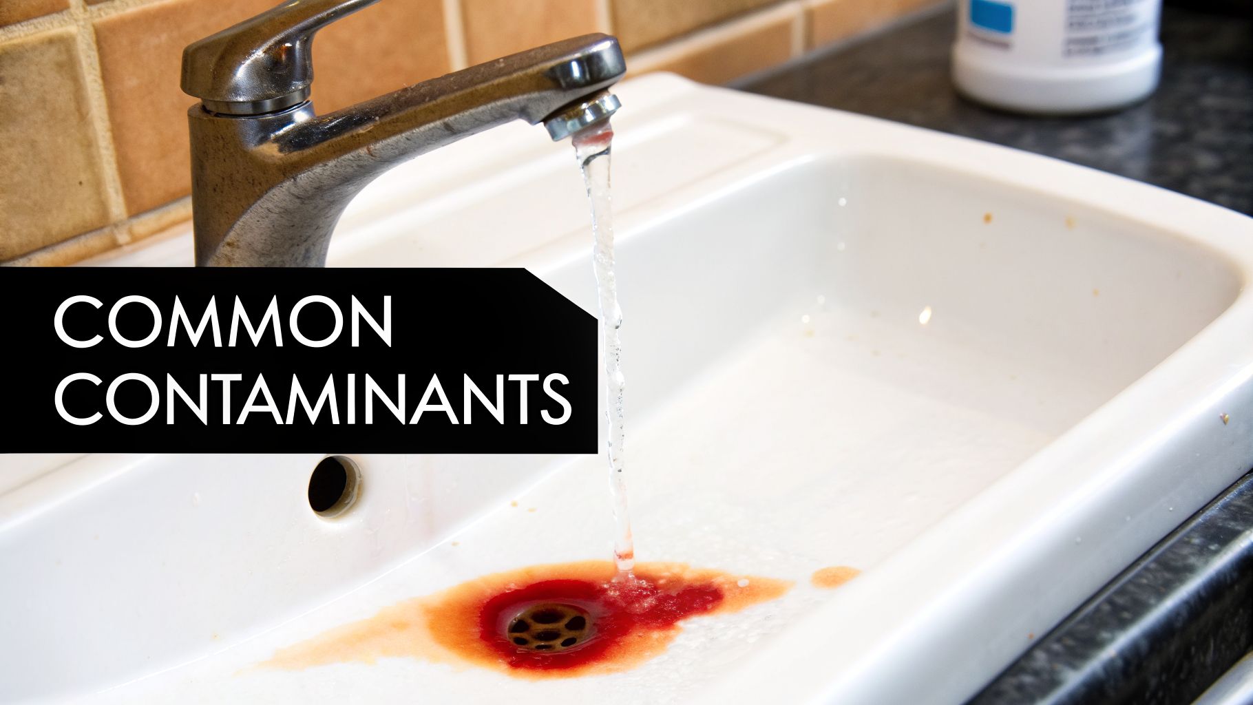 Water flowing from a faucet into a white sink, appearing reddish-brown due to common contaminants.