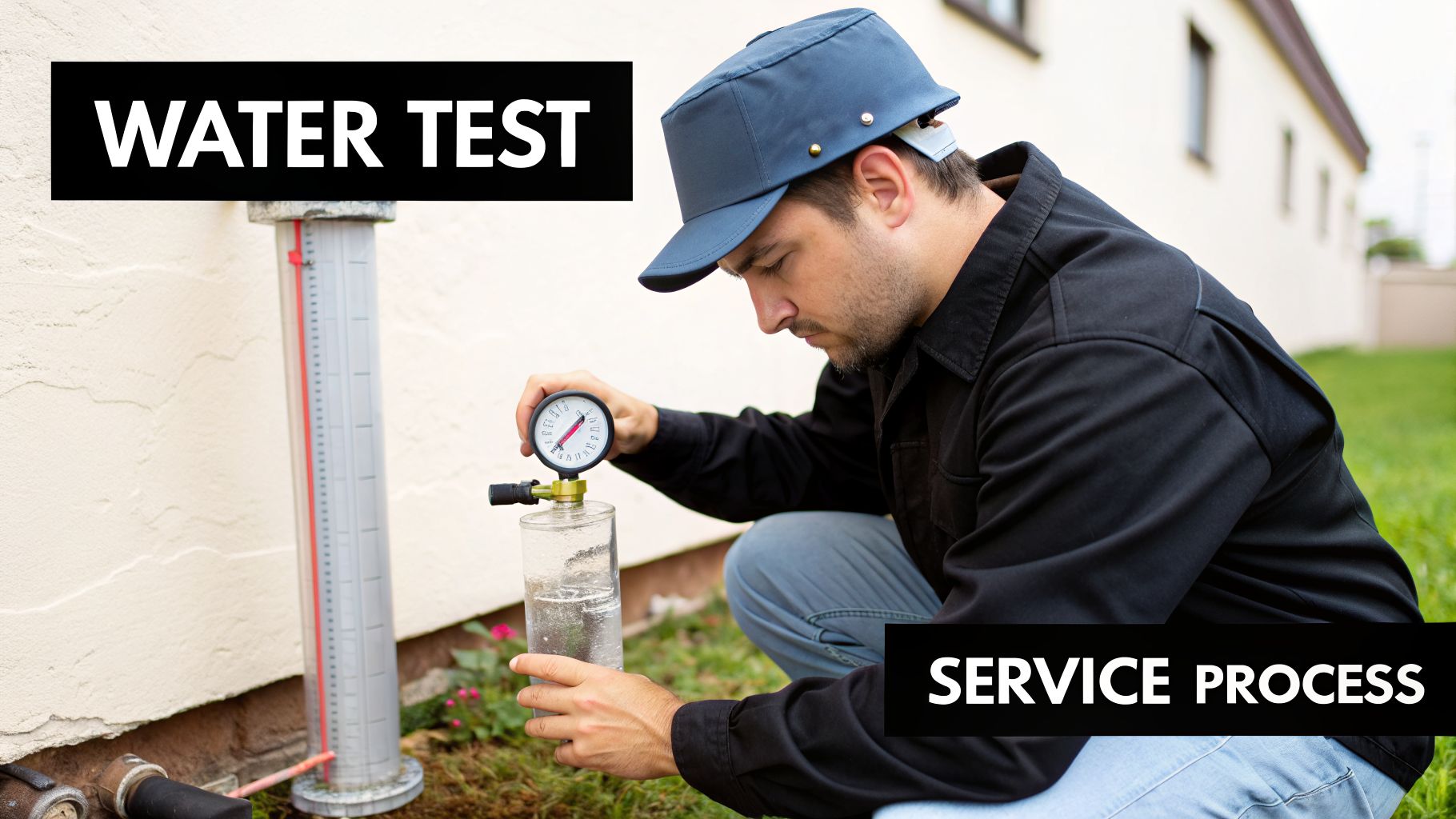 A man performs a water test, holding a gauge and water sample, next to a measurement tube.