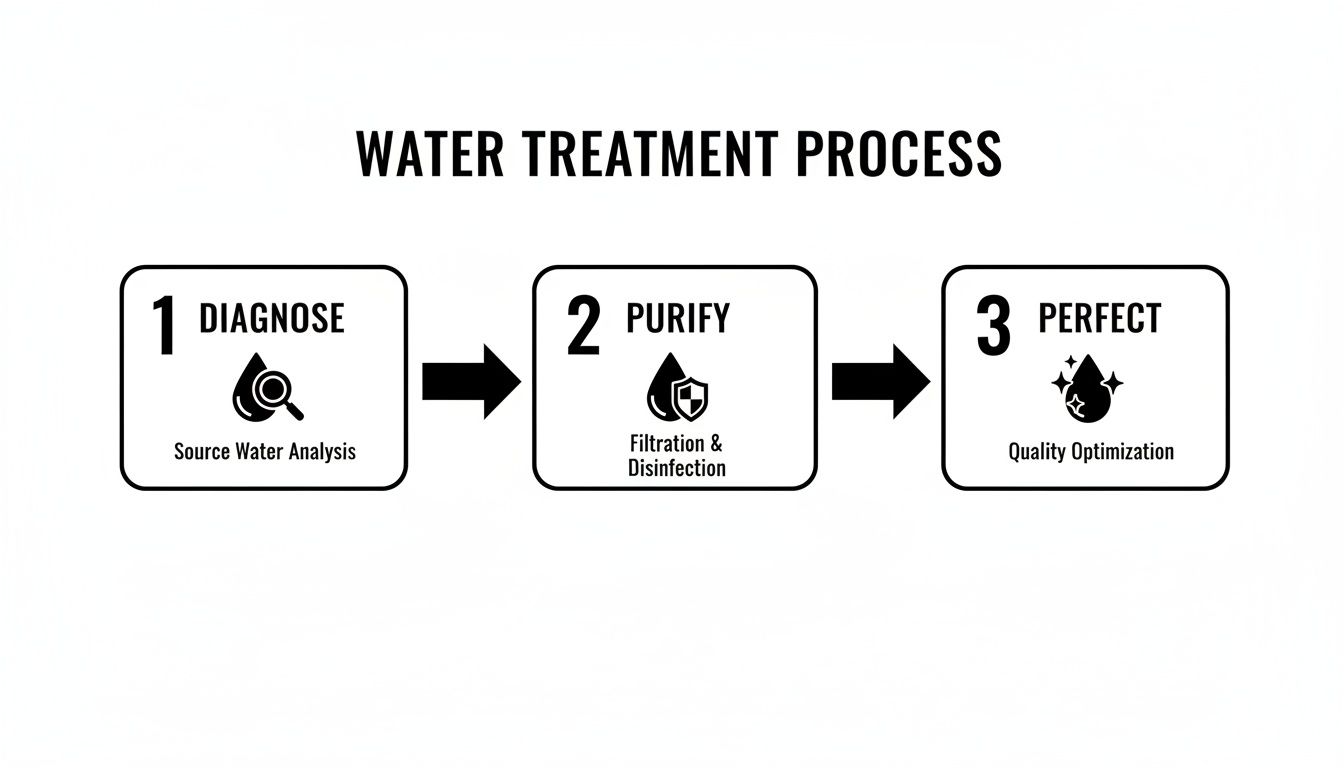 A three-step water treatment process diagram: Diagnose, Purify, and Perfect, showing analysis, filtration, and quality optimization.