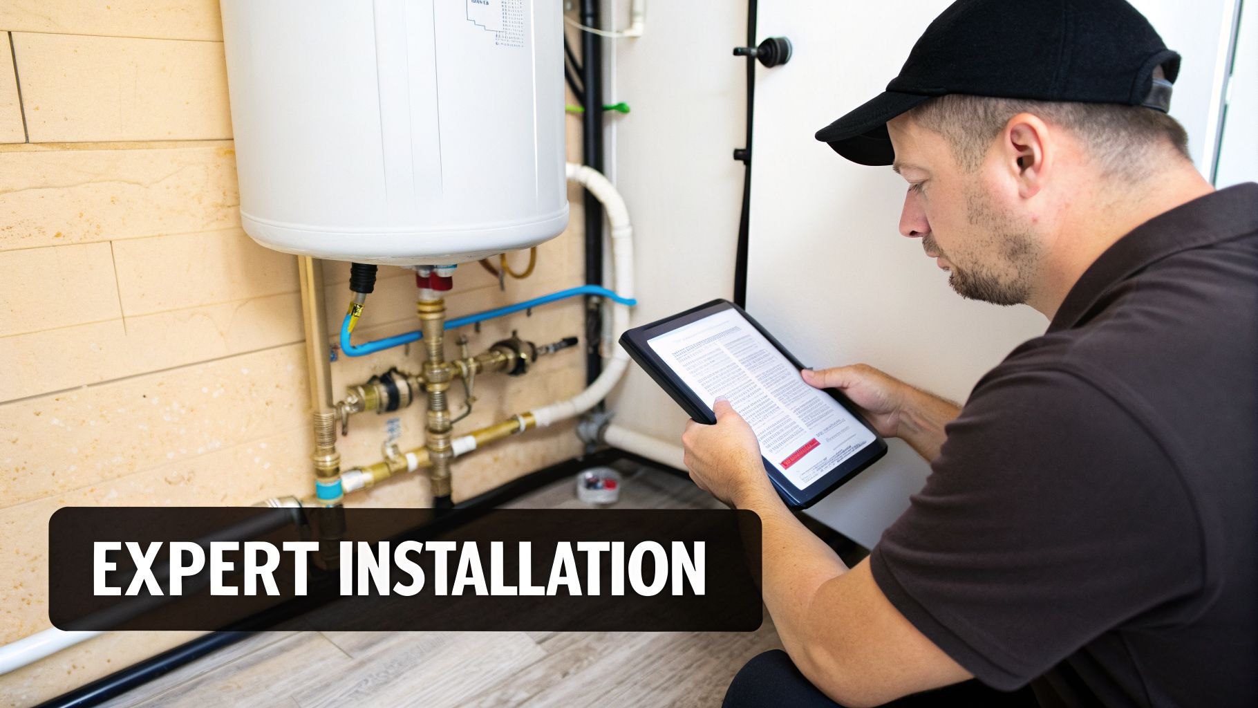 Professional technician inspecting water heater pipes and reading instructions on a tablet for expert installation.