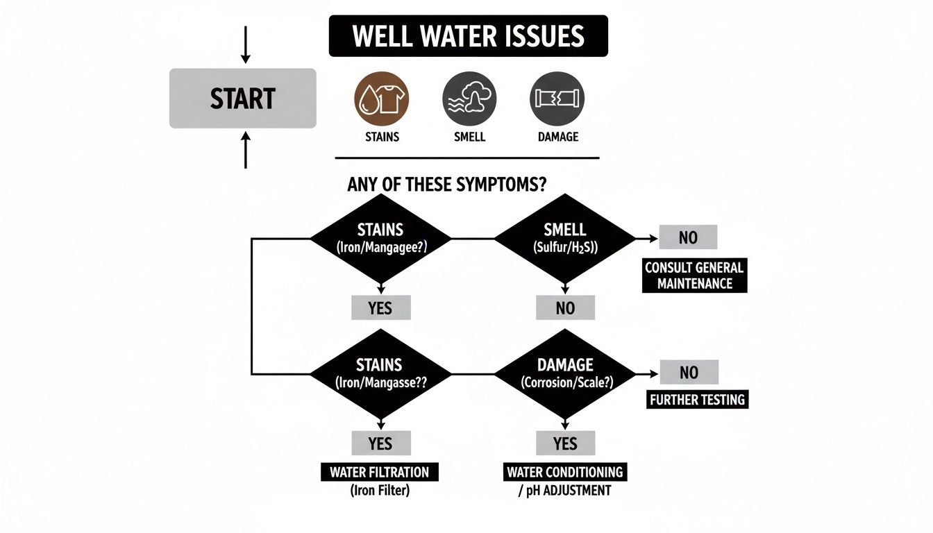 A detailed flowchart diagnosing well water issues, including stains, smell, and damage, guiding users to appropriate solutions.