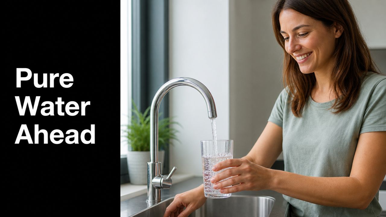A smiling woman filling a clear glass with clean water from a modern kitchen sink faucet.