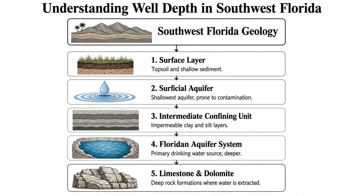 A diagram illustrating the geological layers of Southwest Florida, including aquifers, soil, and deep rock formations.