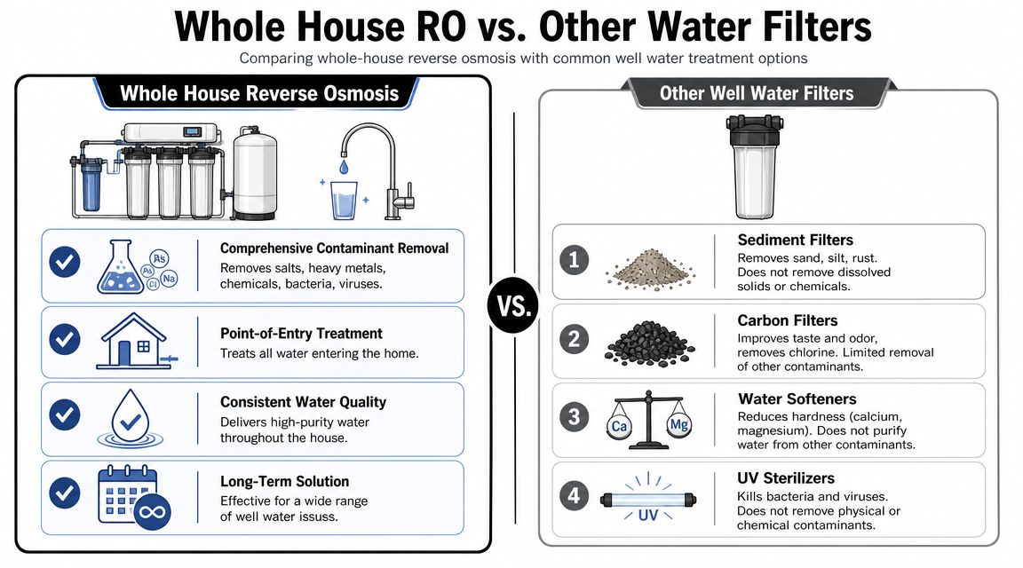 A comparison chart showing the benefits of whole house reverse osmosis versus standard well water filters.