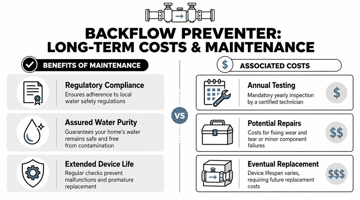 An infographic detailing the long-term maintenance benefits and associated costs of a backflow preventer device.