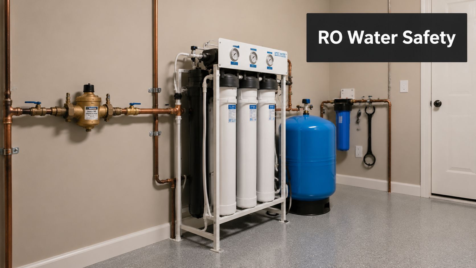 A professional reverse osmosis water filtration system installed on a wall with copper plumbing pipes.