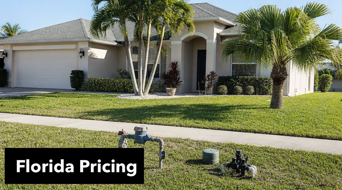 A Florida suburban home exterior featuring a water meter and irrigation backflow preventer valve in the front lawn.