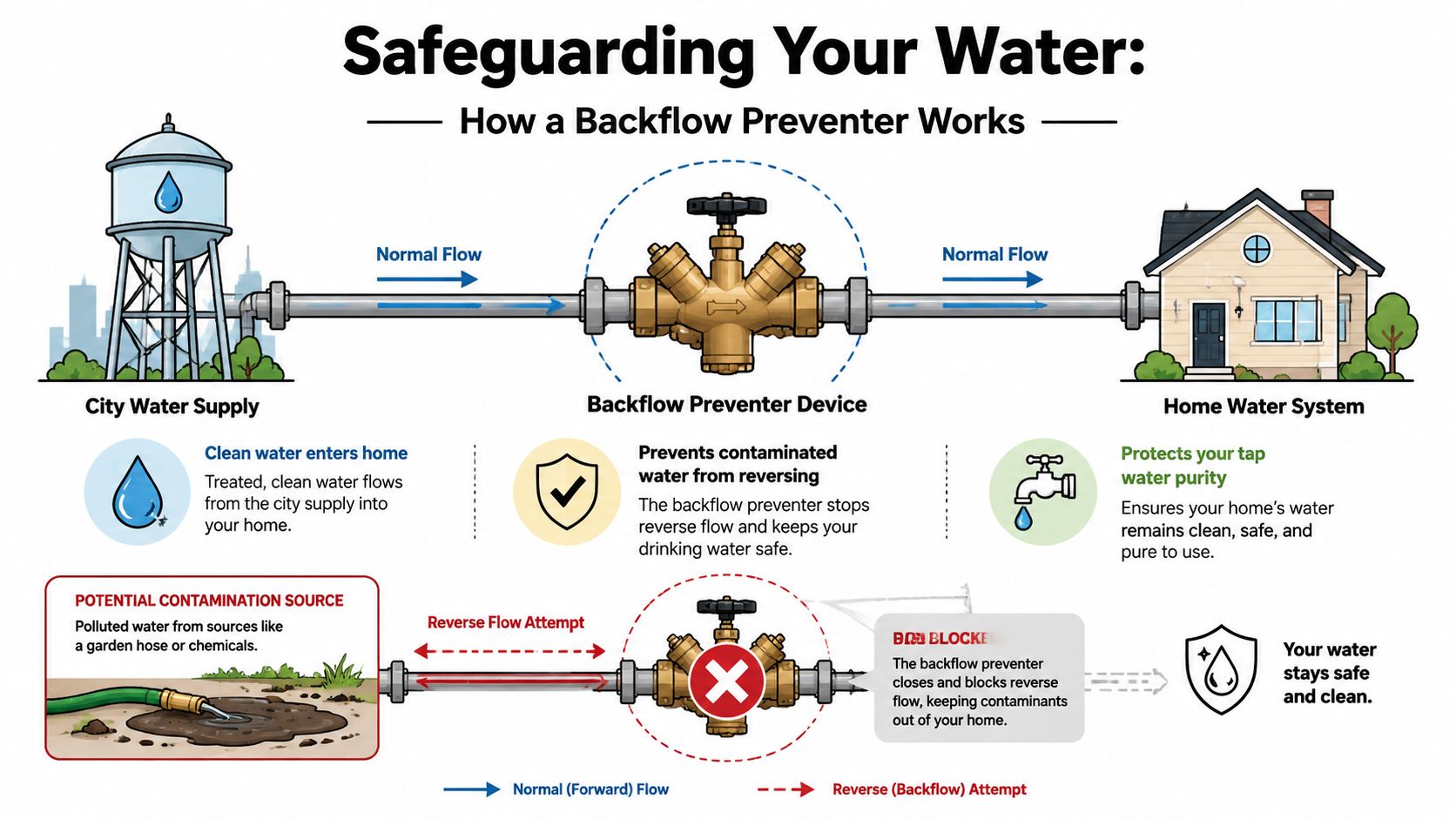 A diagram illustrating how a backflow preventer device protects home water systems from contamination and reverse flow.
