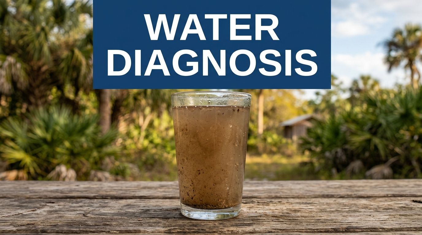 A glass filled with murky brown well water sitting on a rustic wooden table outside.