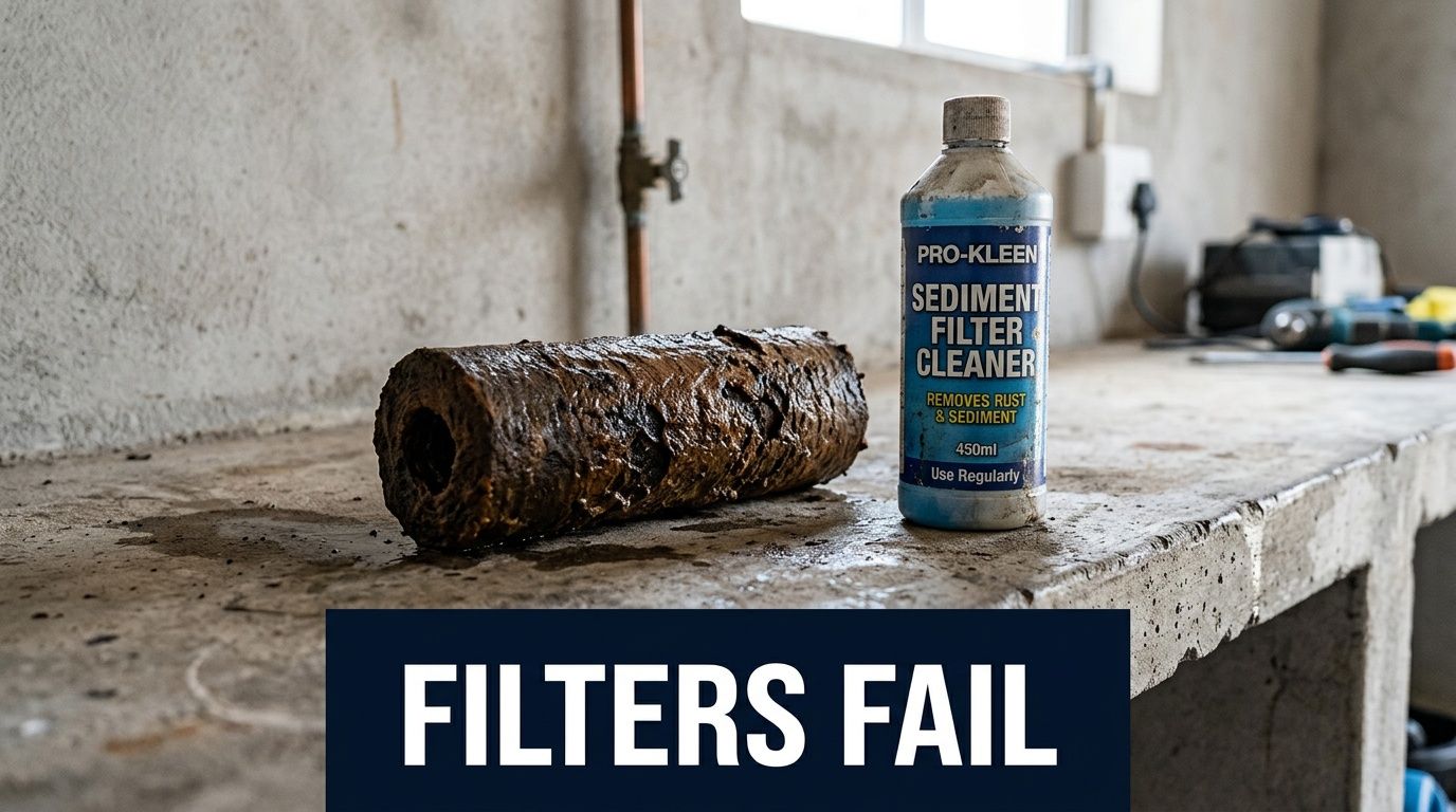 A dirty, brown sediment water filter resting on a workbench next to a bottle of filter cleaner.