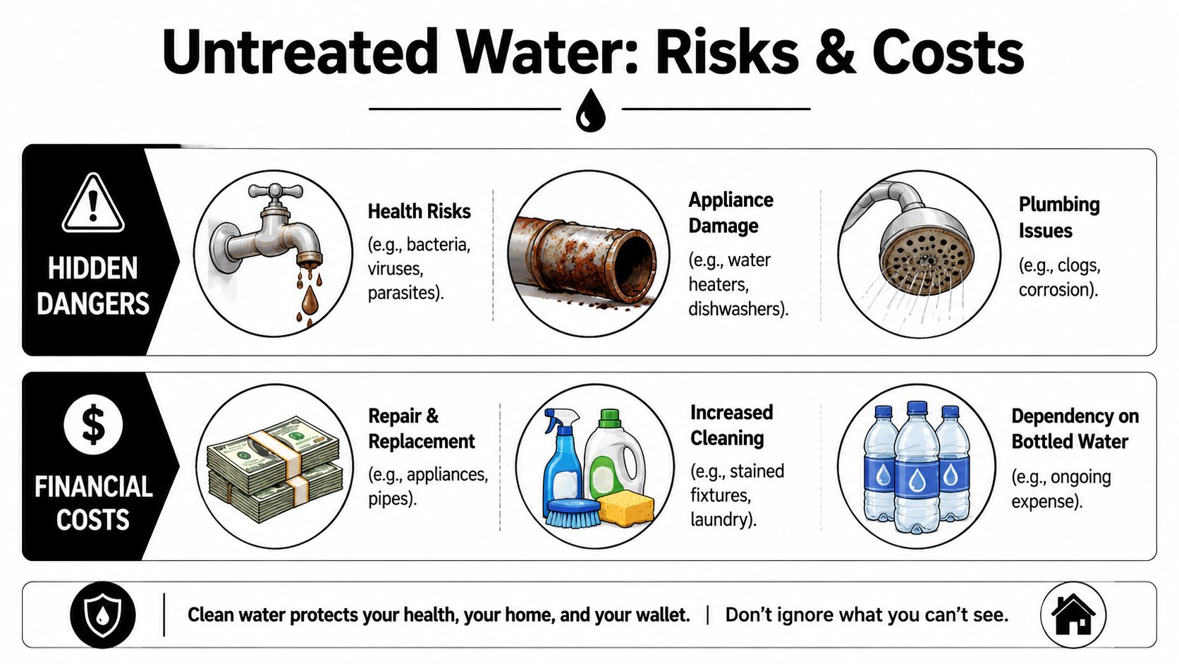 An infographic detailing the various health risks, plumbing damage, and financial costs associated with untreated water.