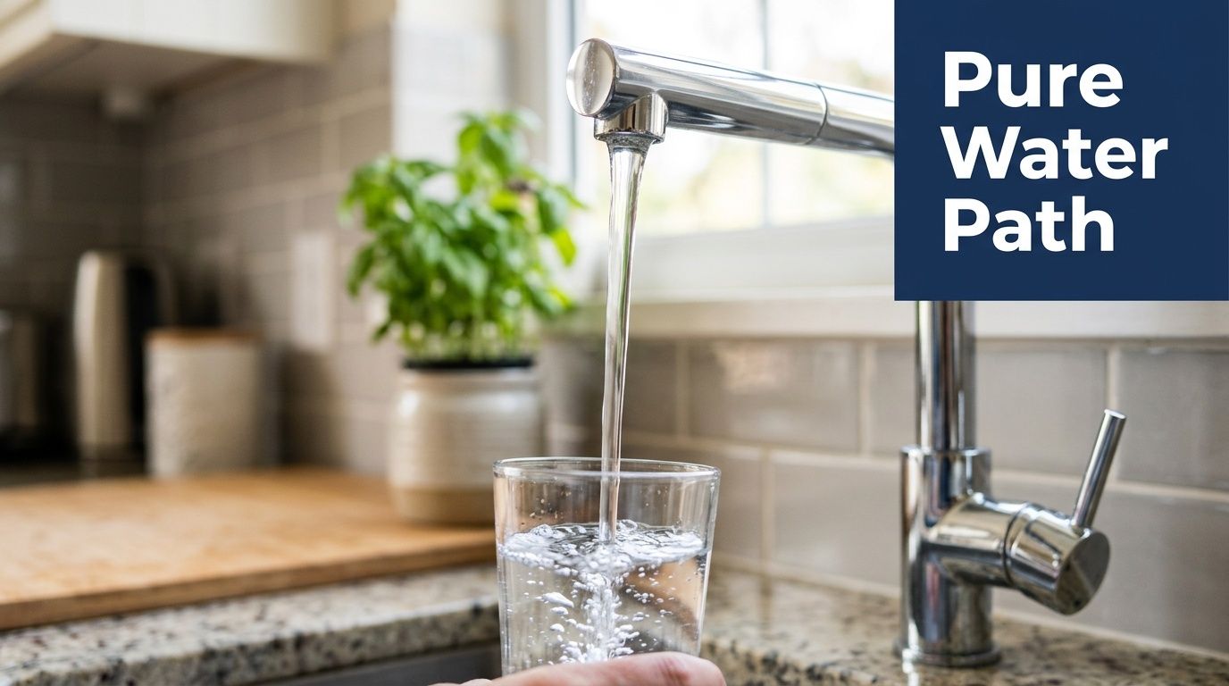 A stainless steel kitchen faucet pouring clean, clear water into a glass on a granite countertop.