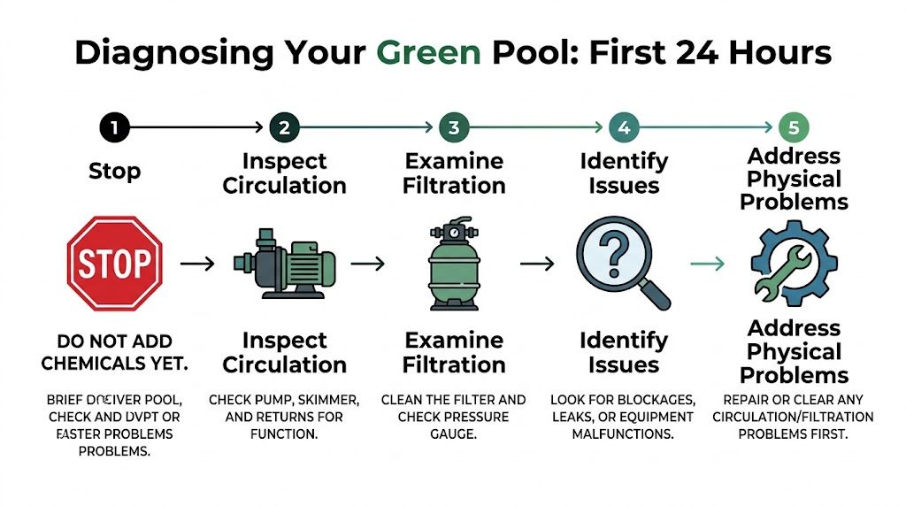 A five-step infographic showing how to diagnose and address problems in a green swimming pool.