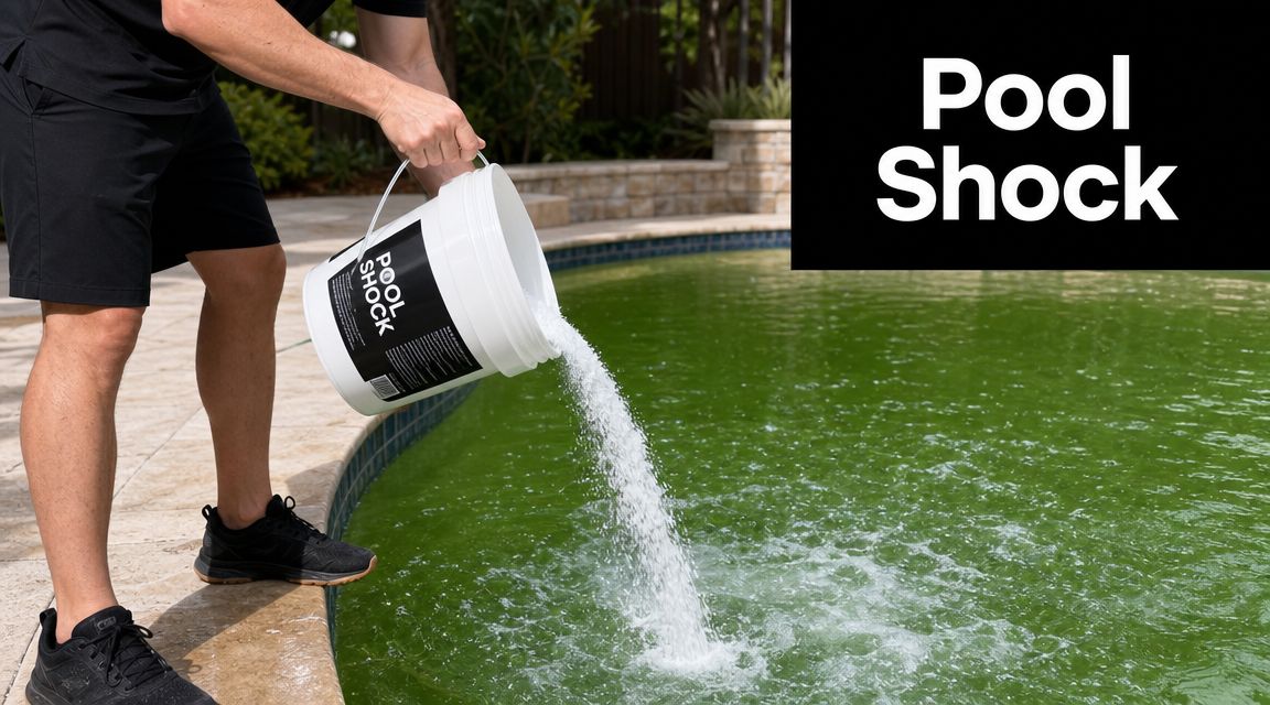 A person pouring granular pool shock from a white bucket into a green, algae-infested swimming pool.