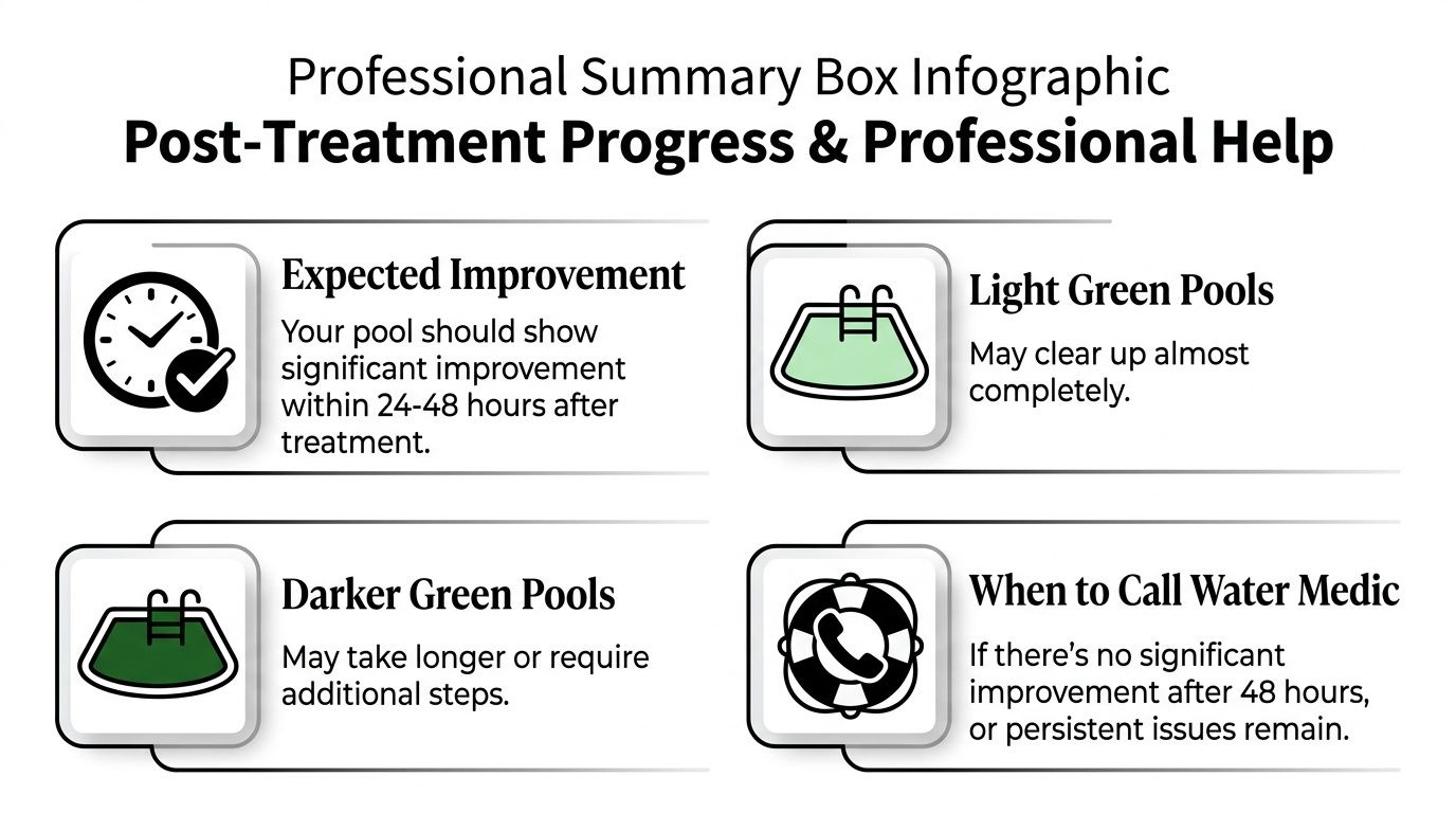 An infographic showing pool treatment timelines for green swimming pools and when to call a professional.