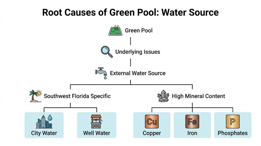 A flow chart showing root causes of a green swimming pool related to external water sources.