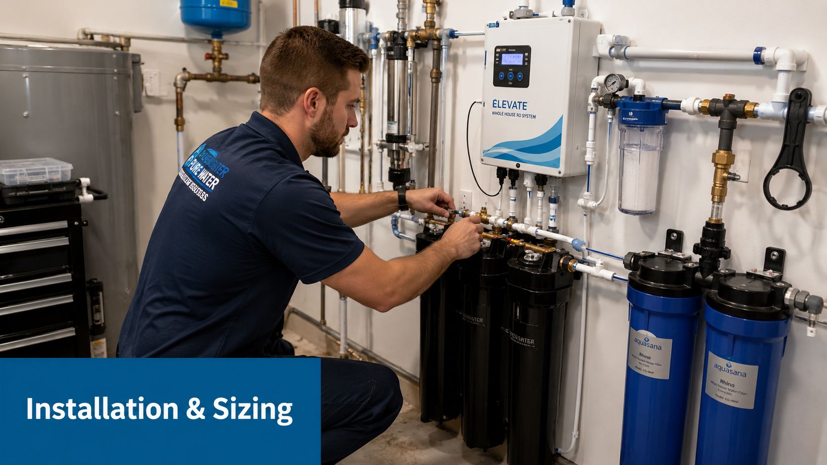 A professional technician installing a whole house reverse osmosis water filtration system in a utility room.