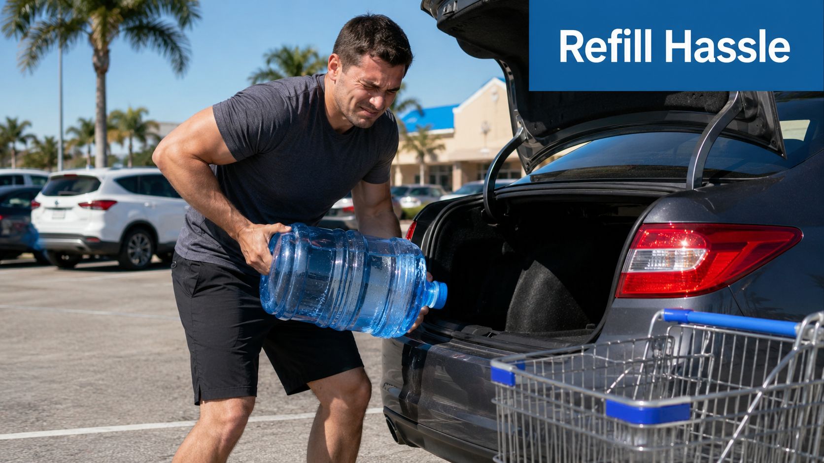 A man looking frustrated while lifting a heavy 5 gallon water jug into his car trunk.