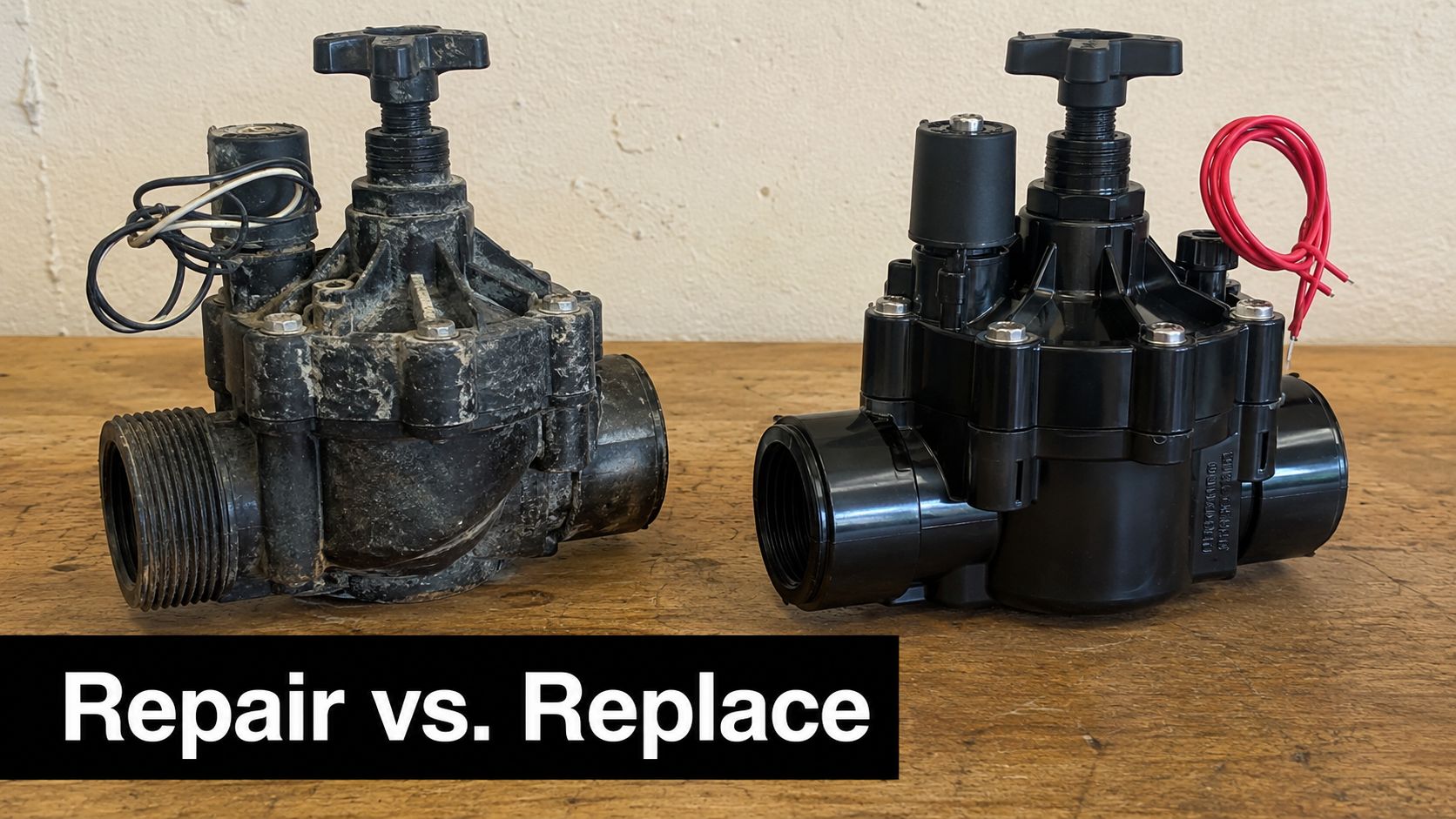 A comparison showing an old, dirty automatic sprinkler valve next to a new, clean replacement valve.