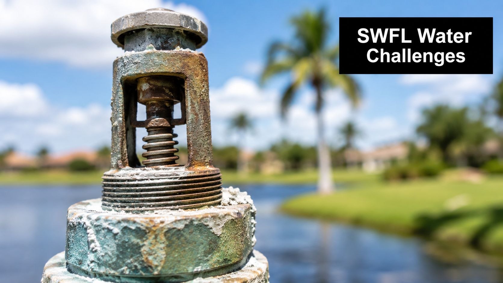 A close up view of a weathered irrigation sprinkler valve with a tropical lake in the background.