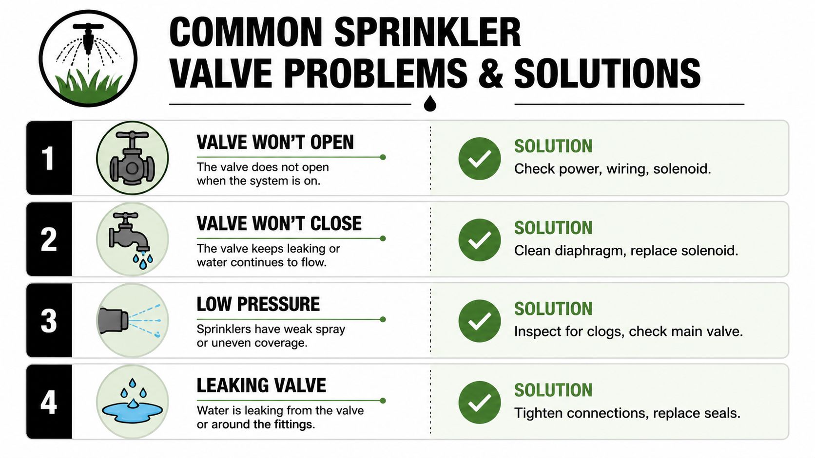 An infographic showing four common automatic sprinkler valve problems and their corresponding repair solutions.