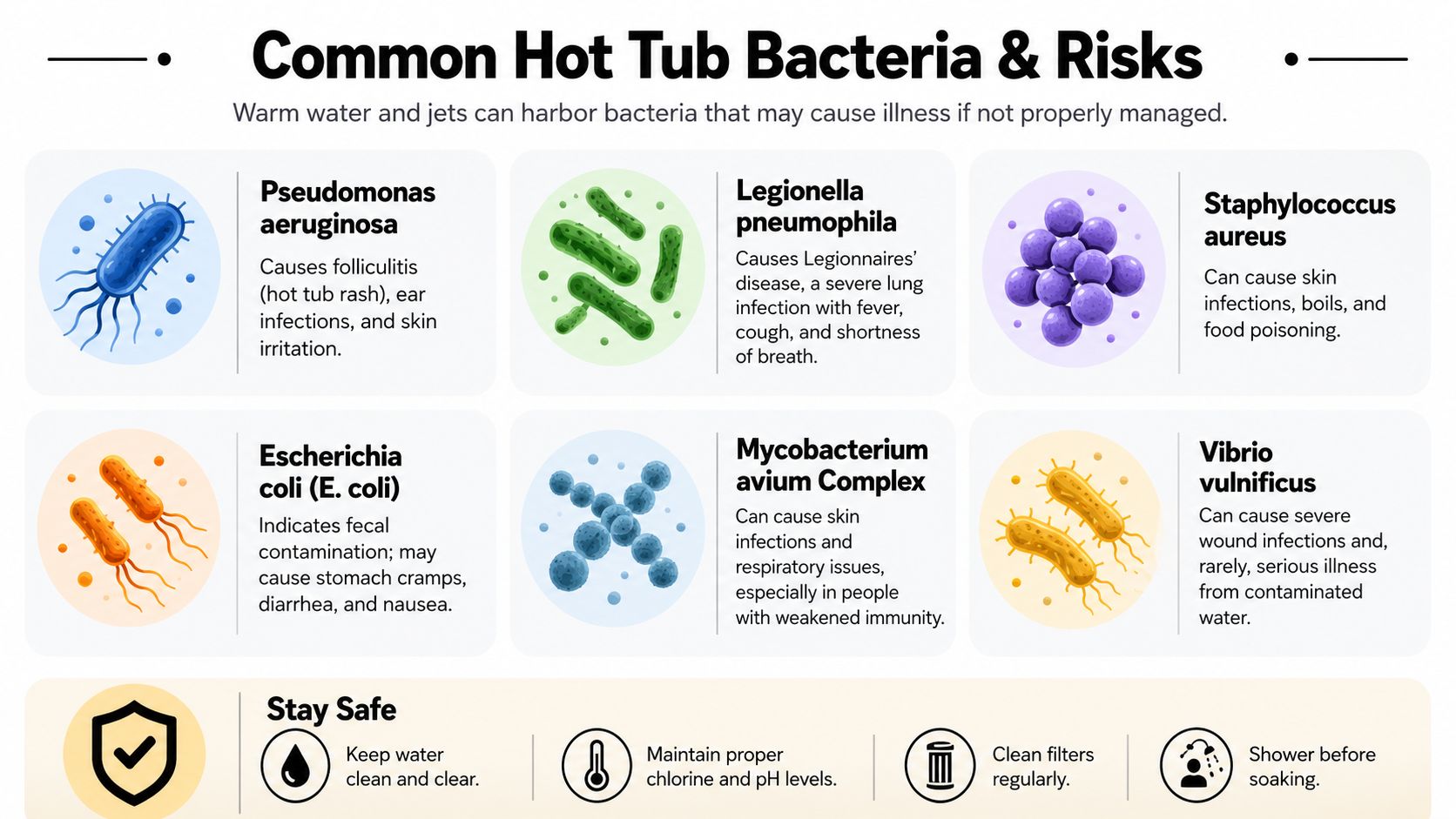 An infographic detailing common bacteria found in poorly managed hot tubs and tips for maintaining water safety.