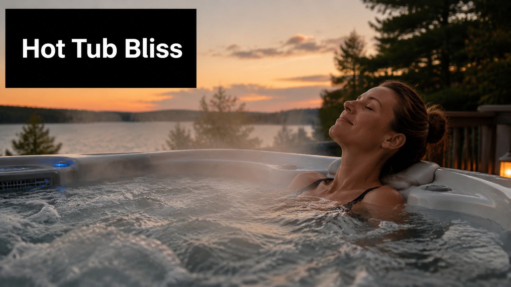 A woman relaxing with her eyes closed in a hot tub overlooking a lake at sunset.