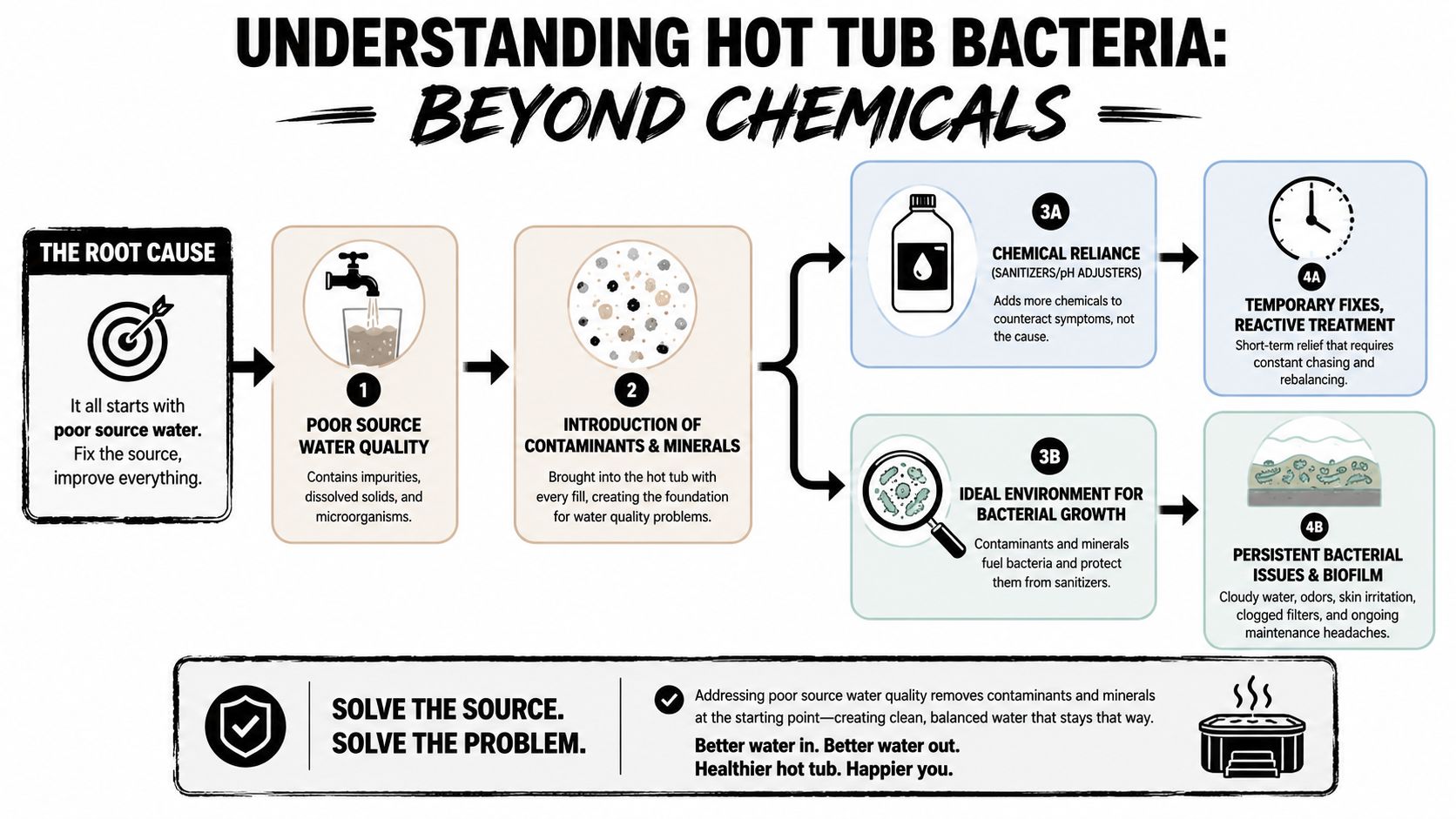 A flowchart infographic explaining how poor source water quality causes persistent bacterial issues and biofilm in hot tubs.
