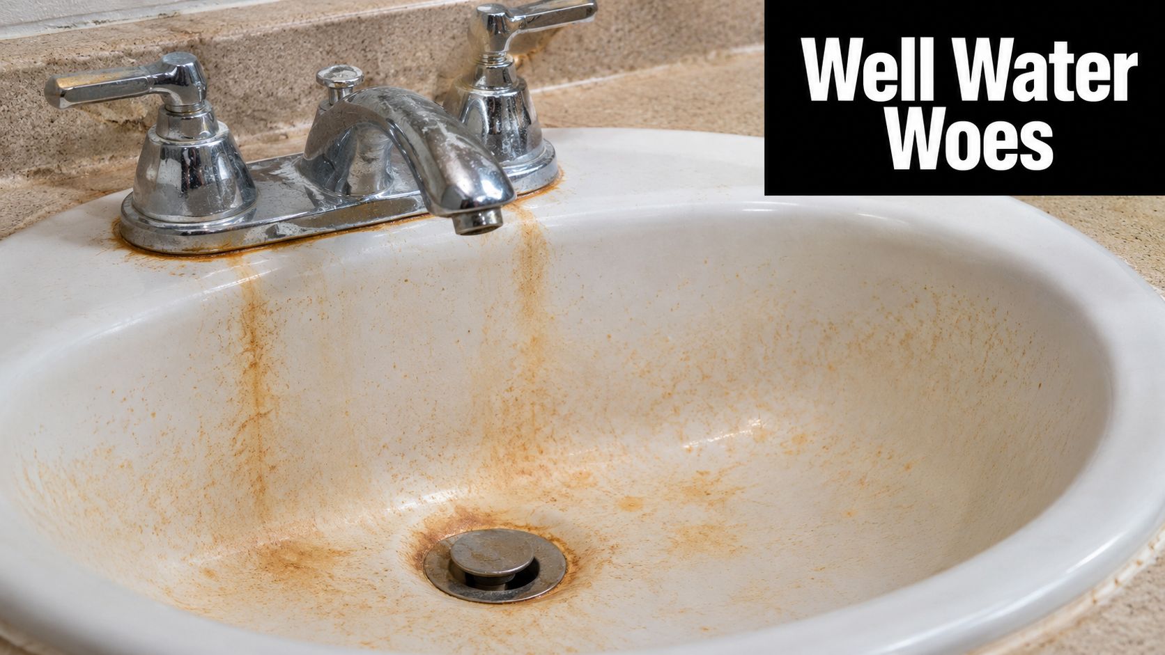 A bathroom sink stained with orange rust indicating high iron content in the home's well water supply.