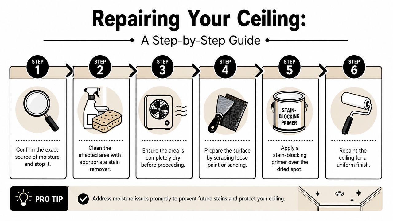 A six-step infographic guide on how to repair brown spots on a bathroom ceiling using home maintenance steps.