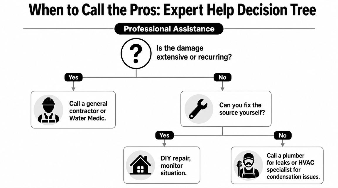A decision tree diagram helping homeowners decide when to hire professionals for bathroom ceiling damage repairs.