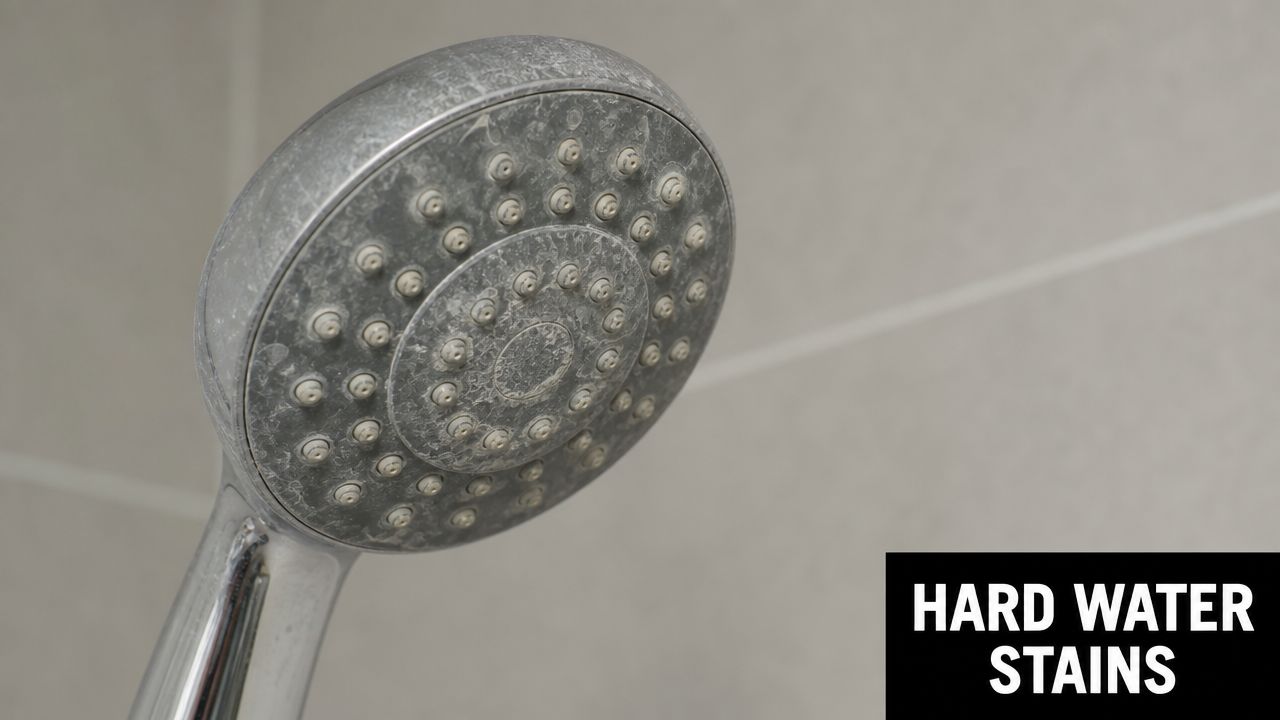 A close-up view of a bathroom shower head covered with visible white hard water mineral stains.