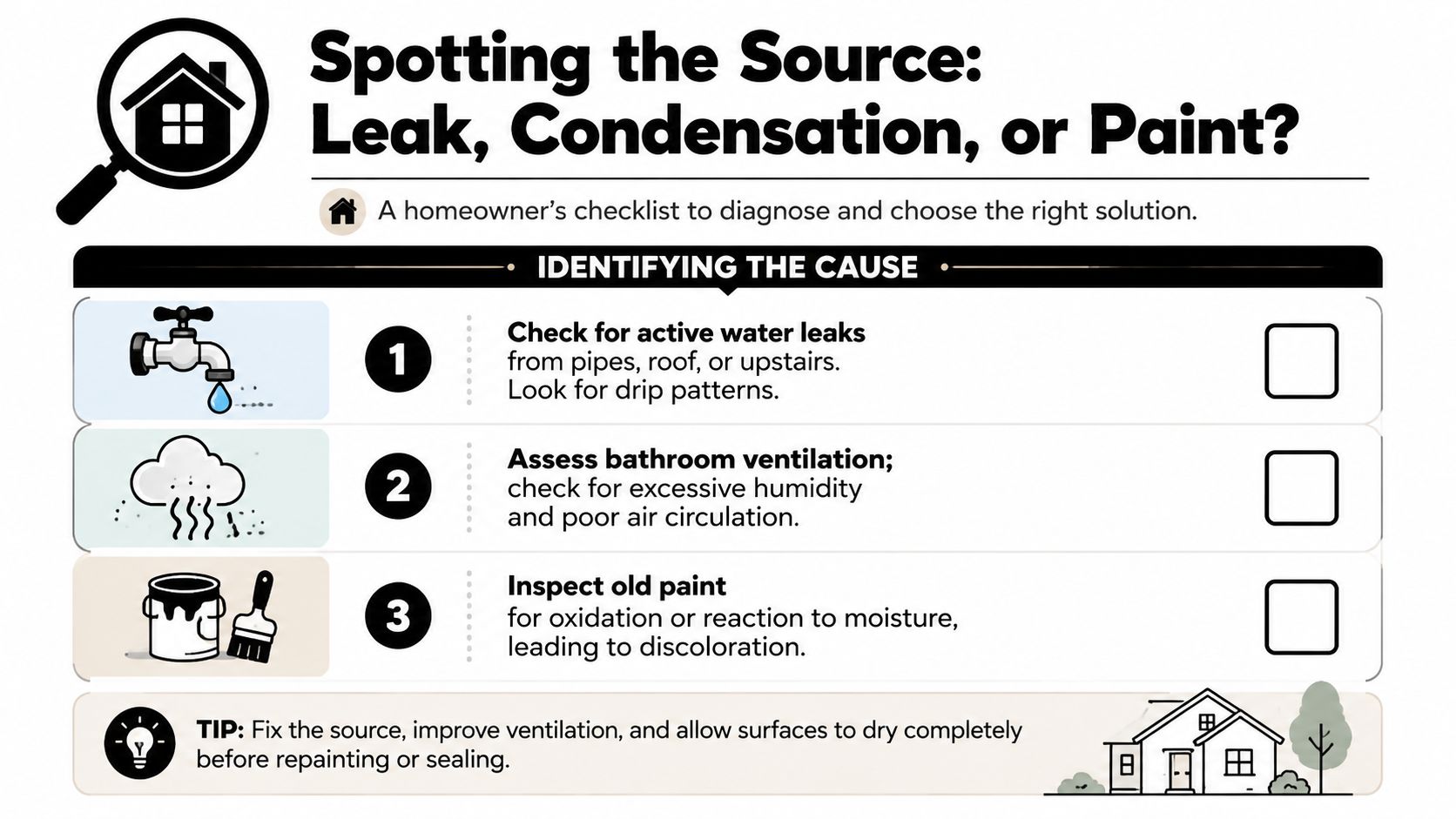 A homeowner checklist graphic helping to diagnose brown spots on ceilings caused by leaks, condensation, or paint.