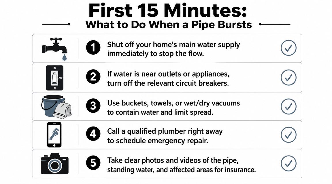 A five-step instructional guide on what to do during the first fifteen minutes of a burst pipe.