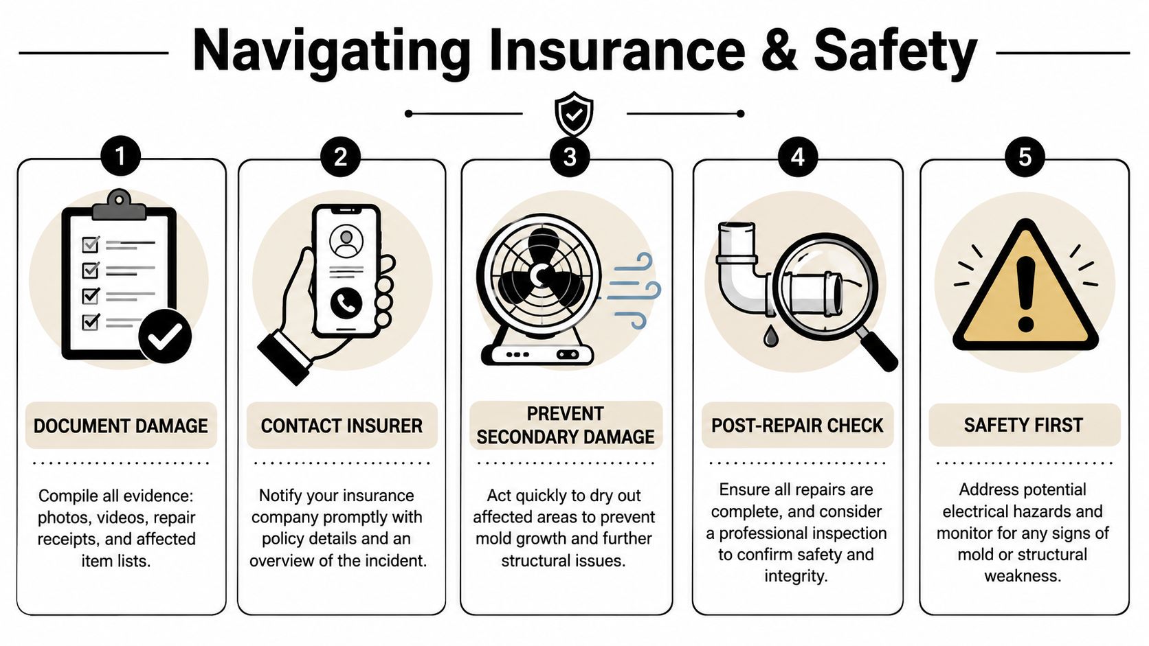 A five-step infographic illustrating essential procedures for managing insurance claims and property safety after water damage.