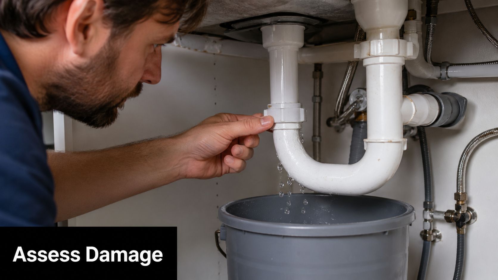 A professional plumber inspecting a leaking P-trap pipe under a kitchen sink with a water bucket.