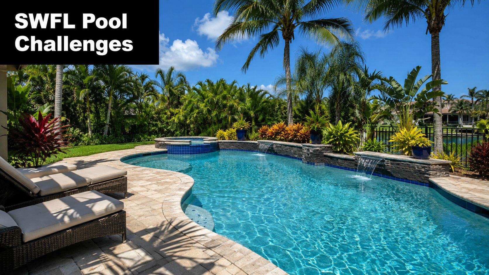 A luxurious backyard swimming pool with fountains, lounge chairs, and tropical landscaping under a sunny blue sky.