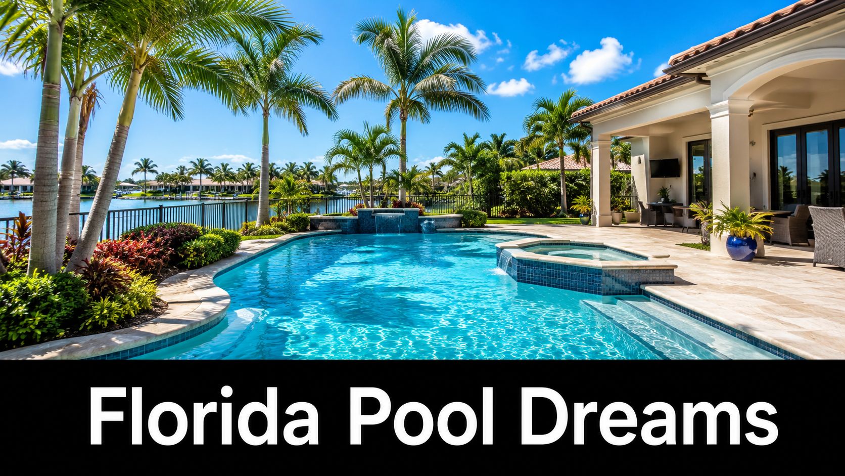 A luxurious Florida backyard featuring a sparkling swimming pool, spa, and palm trees overlooking a serene waterway.