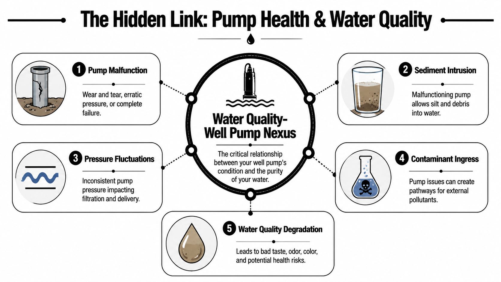 An infographic illustrating the critical link between well pump health, mechanical issues, and water quality degradation.
