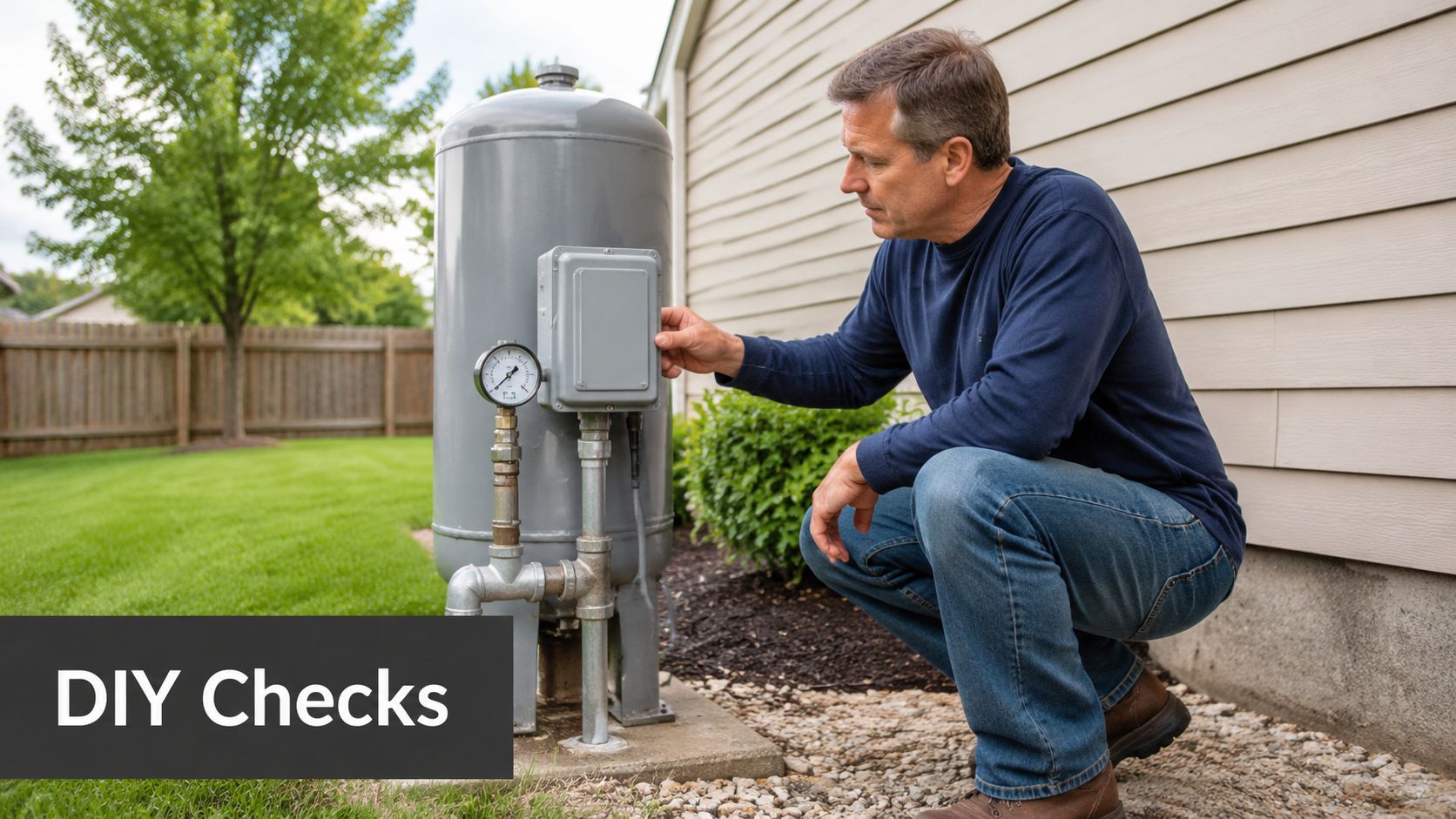 A man crouching beside a residential well water pressure tank while performing routine maintenance checks outside.