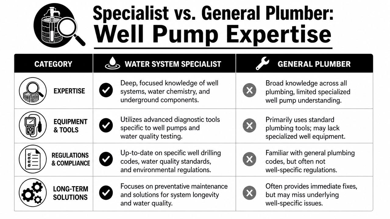 A comparison chart outlining the differences in expertise between water system specialists and general plumbers for well pumps.