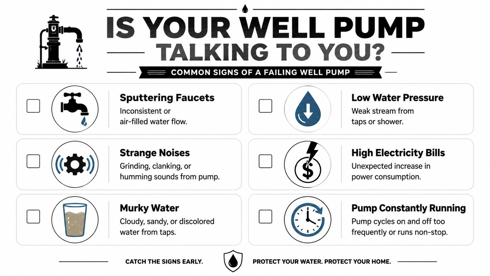 A checklist infographic illustrating common warning signs of a failing well pump such as sputtering or low pressure.