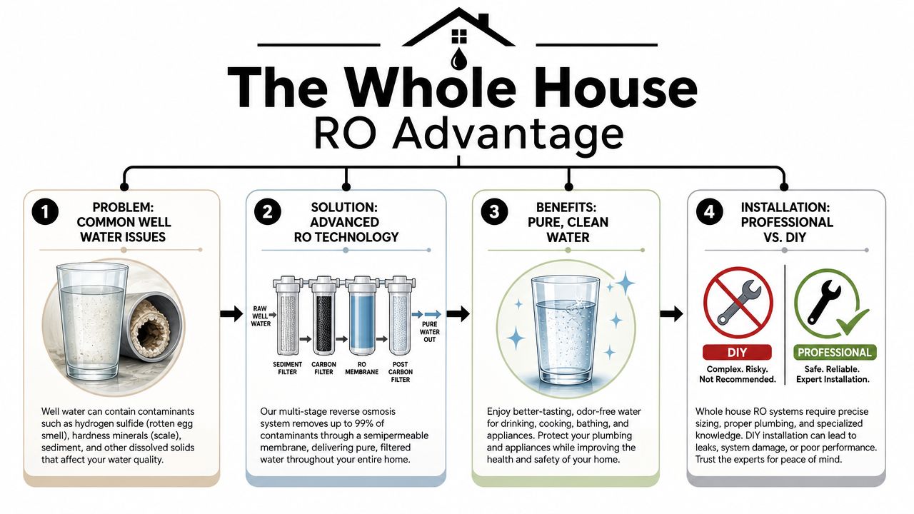 An infographic detailing the benefits, technology, and installation process for a whole house reverse osmosis system.