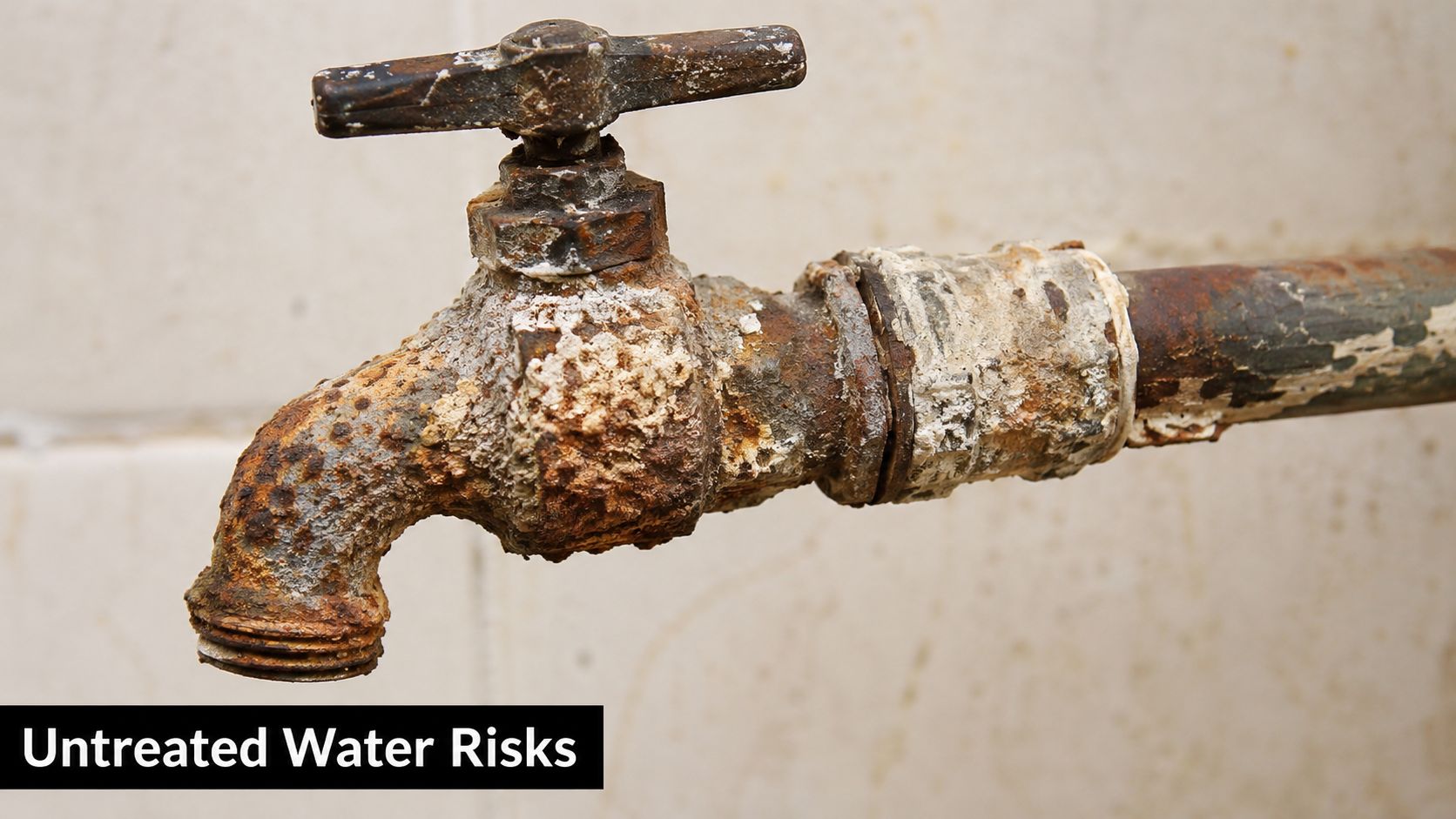 A close-up view of an old, rusted metal water faucet showing significant signs of corrosion and buildup.