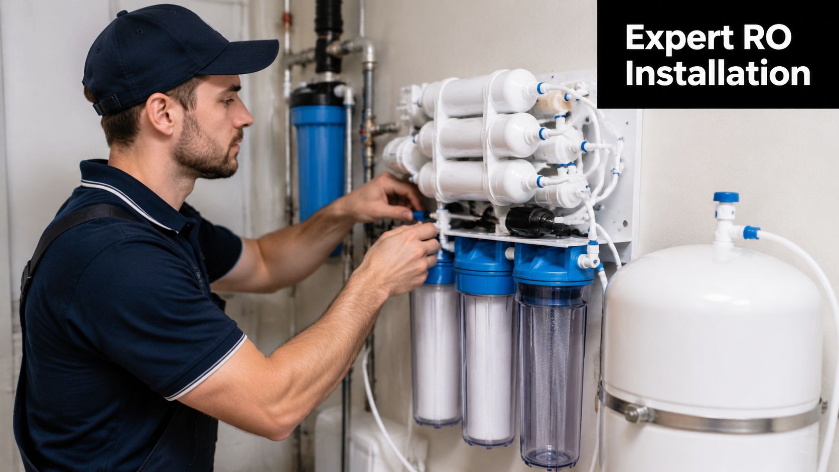 A professional technician carefully installing an advanced reverse osmosis water filtration system on a white wall.