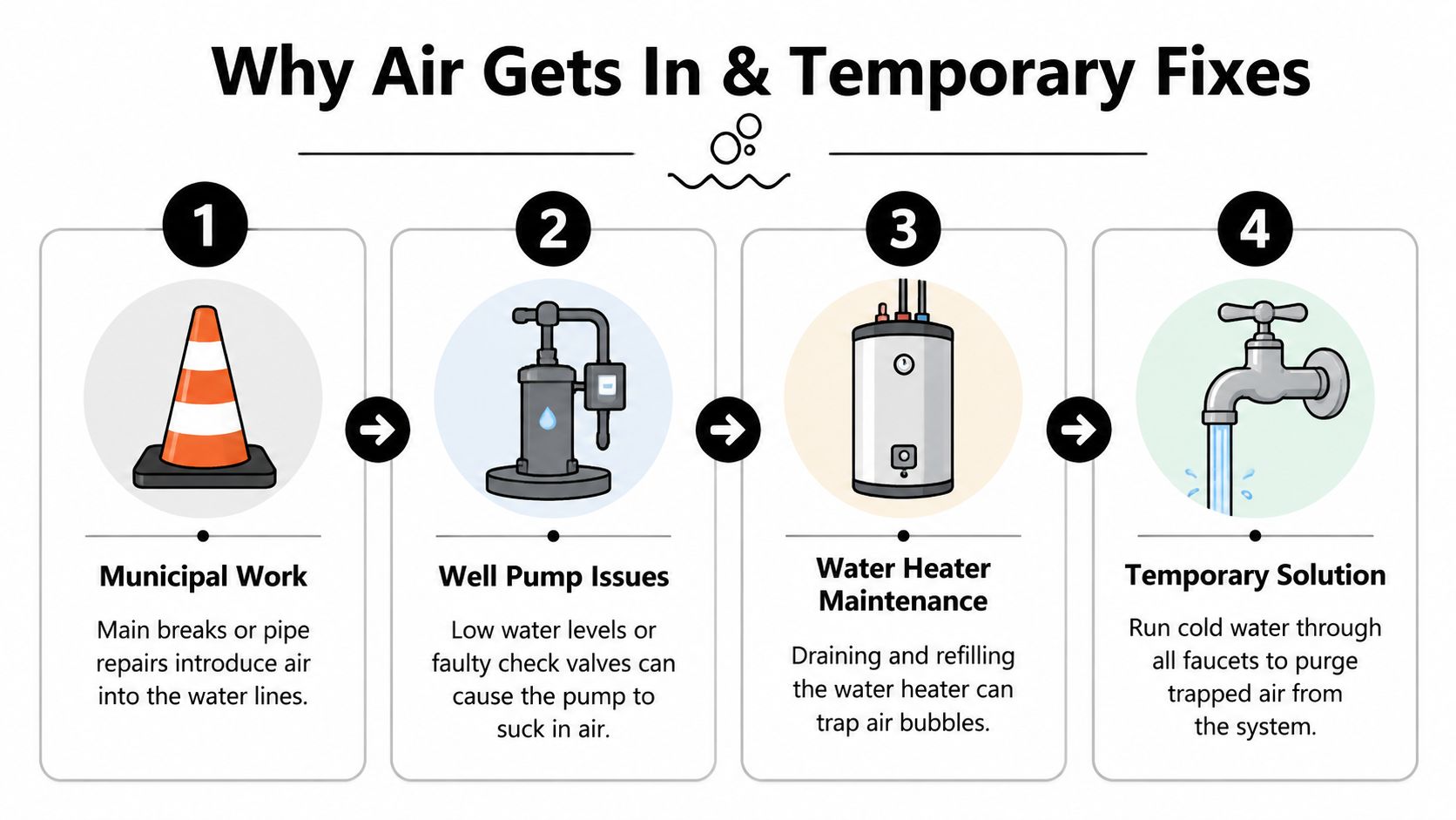 An infographic illustrating four common causes and solutions for air trapped in home water pipes.