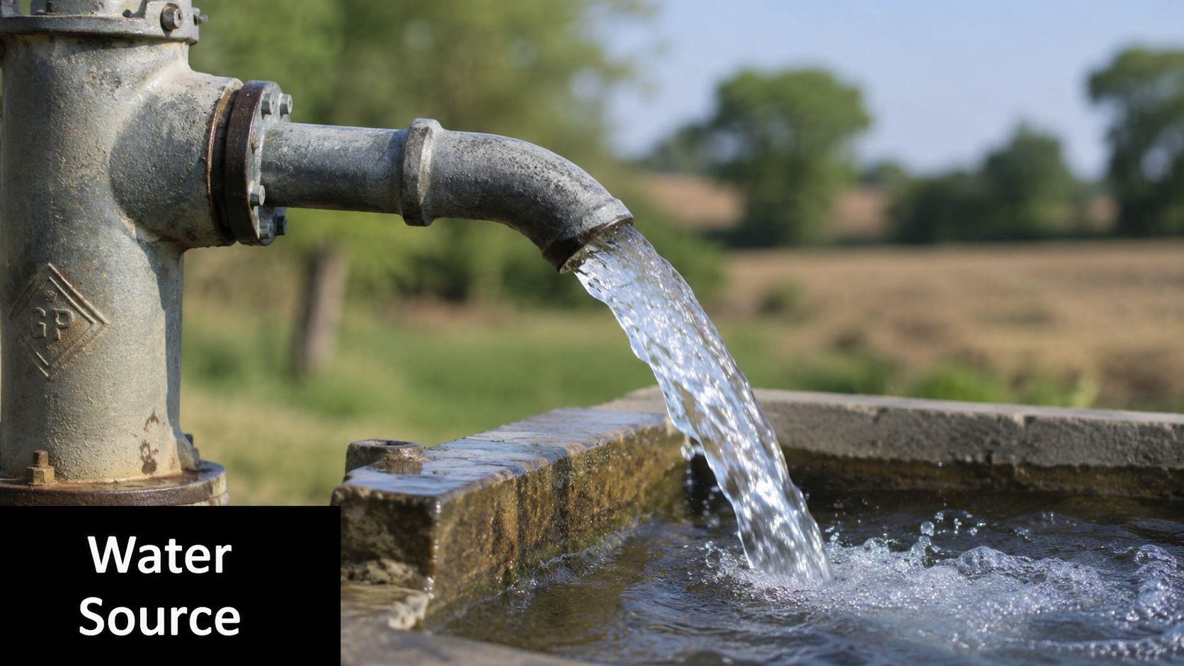 A close-up view of a cast iron water hand pump filling a stone trough with fresh water.