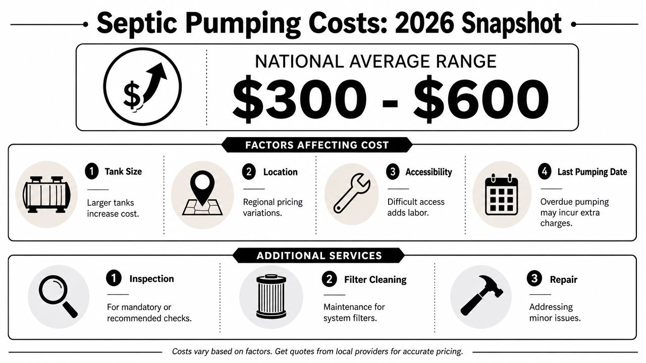 An infographic showing the 2026 national average cost for septic pumping and factors affecting the price.